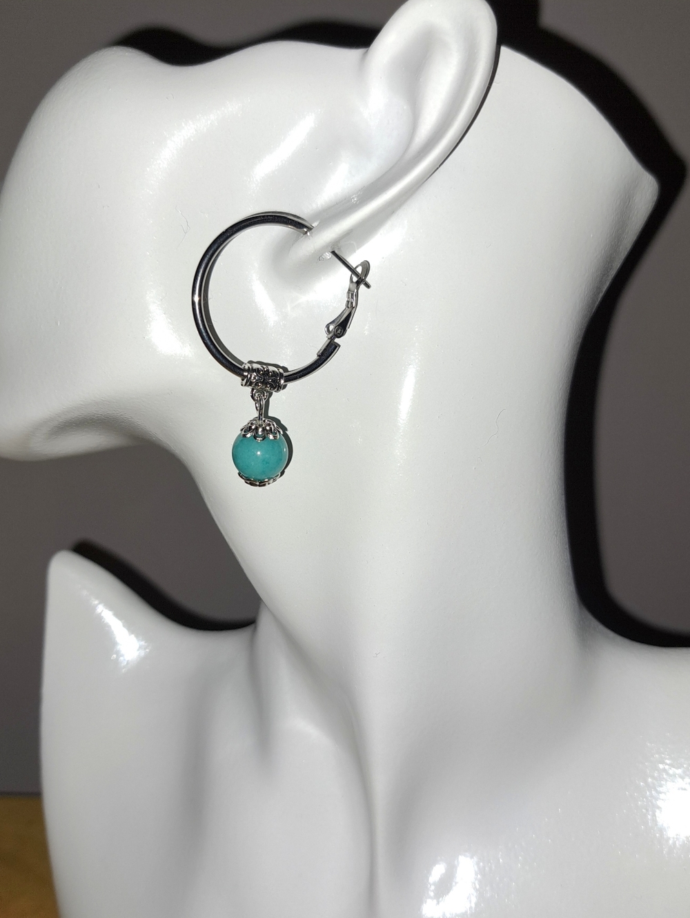 316L Stainless Steel Hoop Leverback Earrings with 8mm Amazonite Dangle Bead